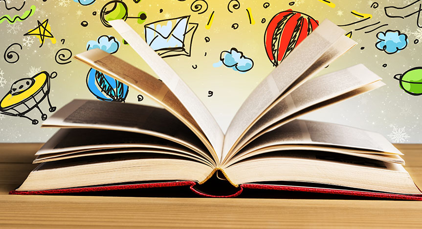 A red book opened.  Colorful background with pictures of cartoon sun, clouds, stars, space ship and planets
